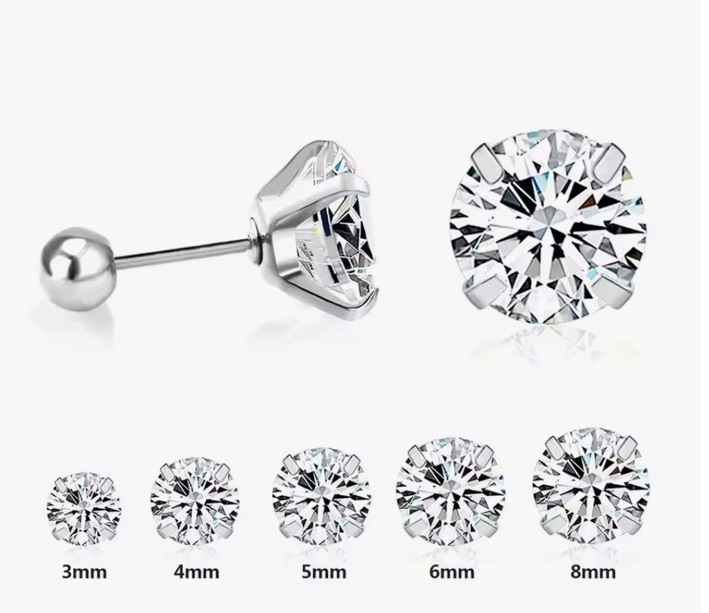 1 Pairs Shiny Crystal Zircon Stud Earrings For Women Men Round Beads Screw Back Needle CZ Ear Stainless