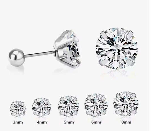 1 Pairs Shiny Crystal Zircon Stud Earrings For Women Men Round Beads Screw Back Needle CZ Ear Stainless