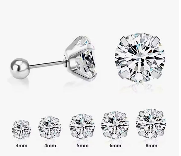 1 Pairs Shiny Crystal Zircon Stud Earrings For Women Men Round Beads Screw Back Needle CZ Ear Stainless