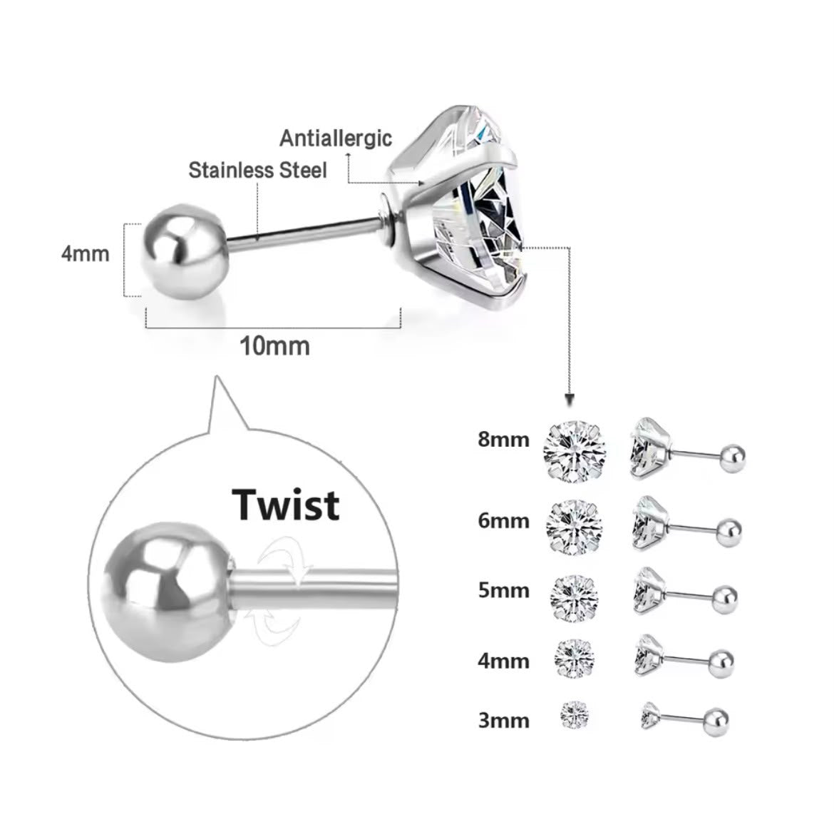1 Pairs Shiny Crystal Zircon Stud Earrings For Women Men Round Beads Screw Back Needle CZ Ear Stainless