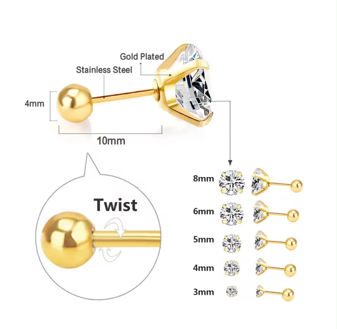 1 Pairs Shiny Crystal Zircon Stud Earrings For Women Men Round Beads Screw Back Needle CZ Ear Stainless